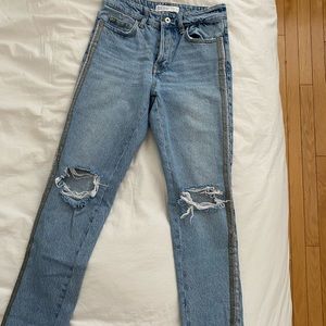 Zara light wash mom jeans with satin details